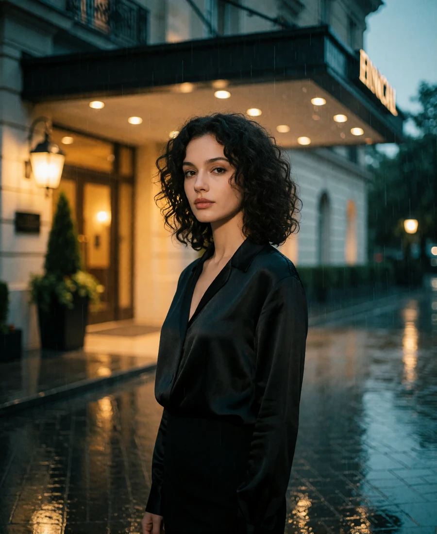 Graceful woman with dark curls in a black satin blouse sheltered under a hotel entrance on a rainy Seattle evening