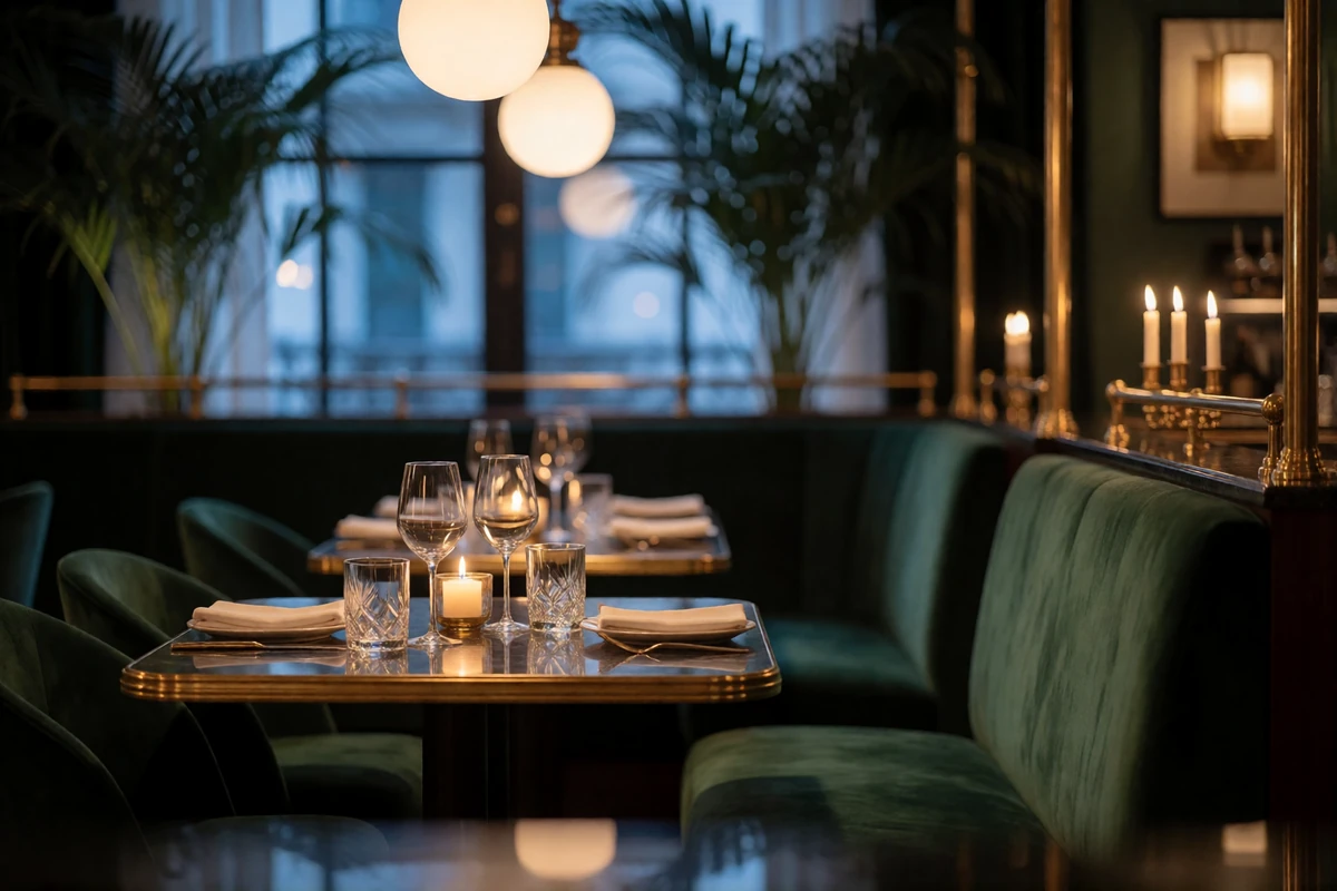 Upscale hotel restaurant interior in Beverly Hills with a candlelit table for two and deep green banquettes